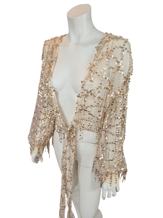 Oh Polly Tops - Oh Polly Champagne Sequin Tie-Front Shrug